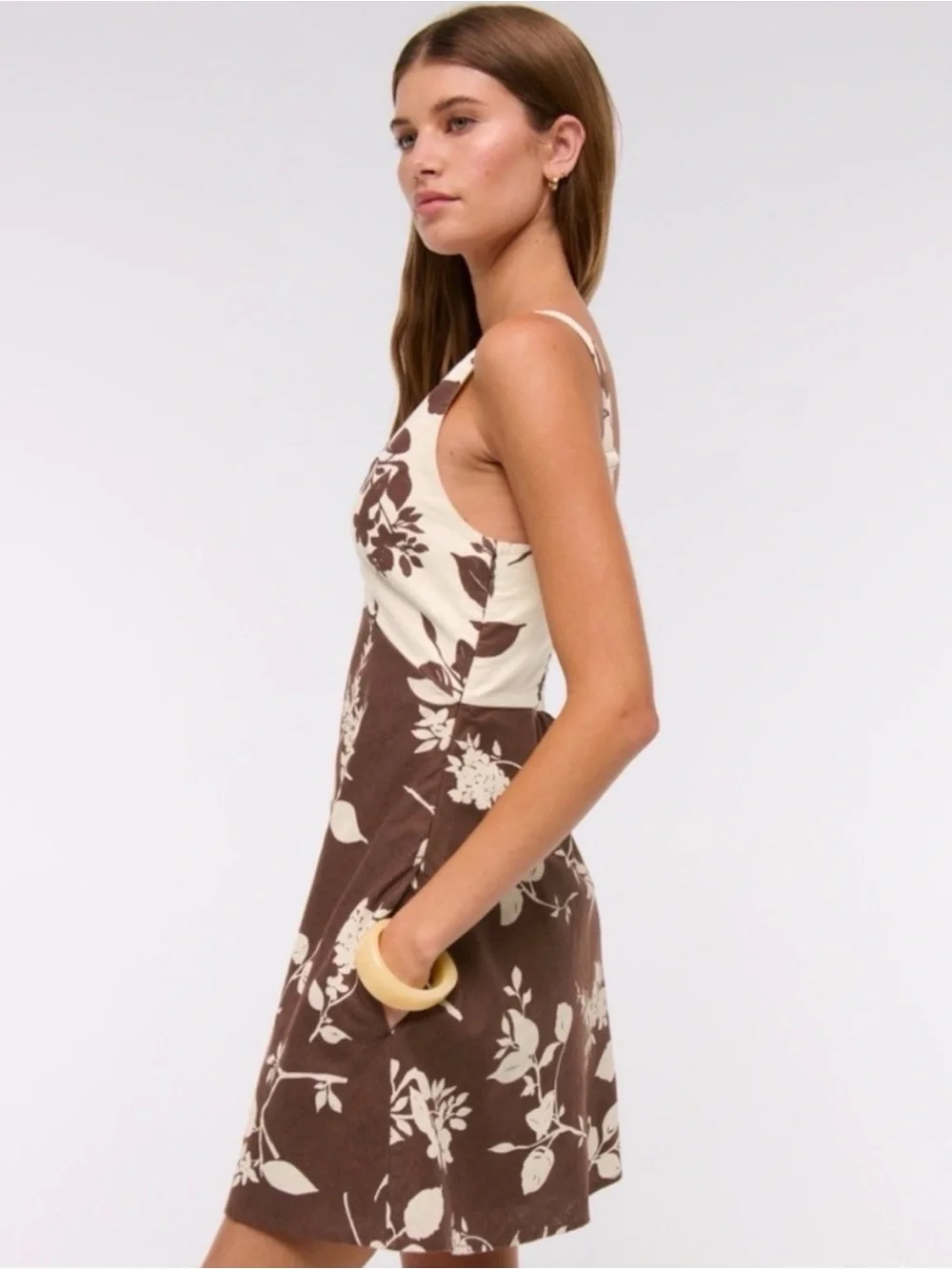Abercrombie & Fitch NWT Linen Blend Brown and Cream Floral Mini Dress - Picture 2 of 6